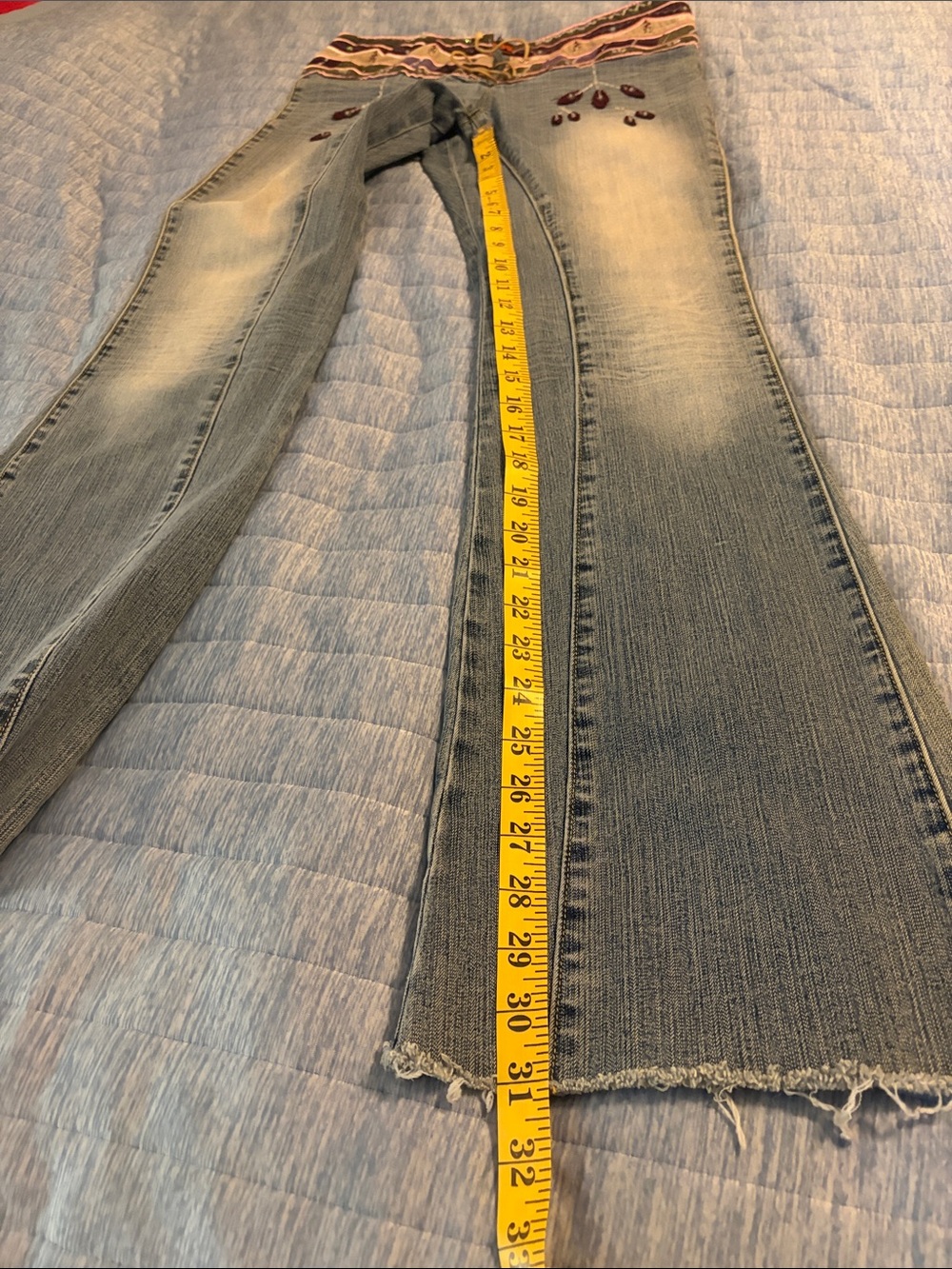 Dollhouse Light Blue Faded Flare Jeans with Embroidered Multicolor Waist - Picture 6 of 8